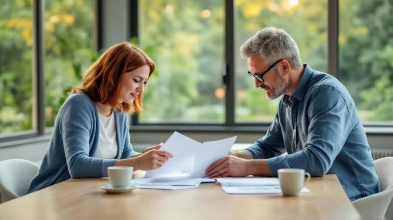 Zwei Personen besprechen Unterlagen an einem Tisch in einem modernen Büro in Oberfranken