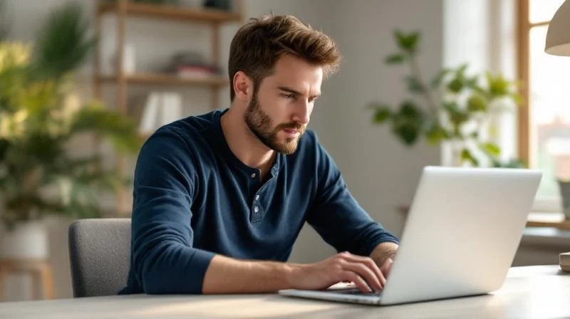 Mann arbeitet konzentriert am Laptop in einem ruhigen Homeoffice in Oberfranken