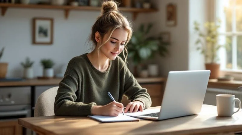 Frau lernt am Laptop in einem hellen Wohnzimmer in Oberfranken